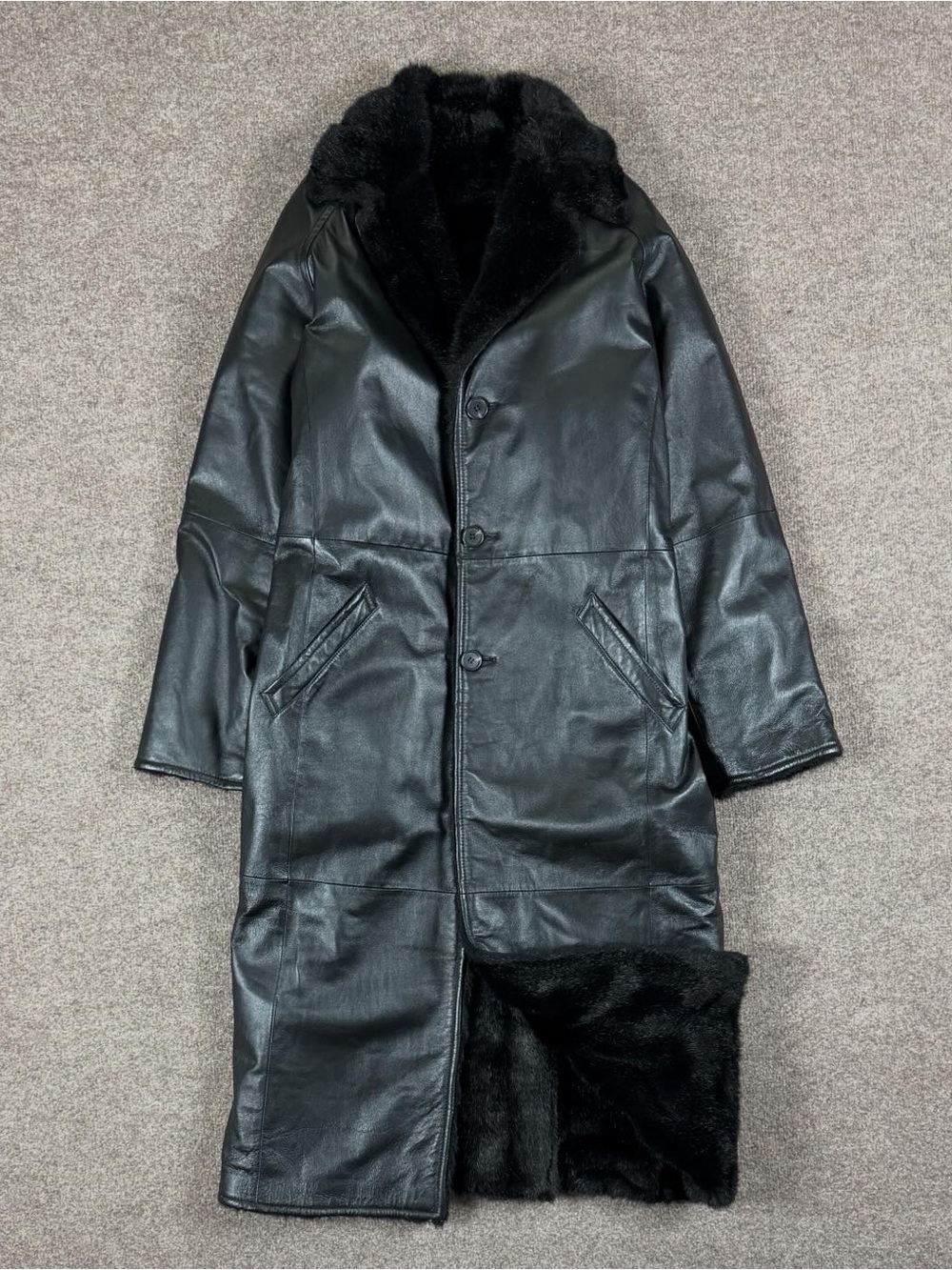 Vintage Black Leather Faux Fur Lined Reversible Floor Length Long Coat Women’s M